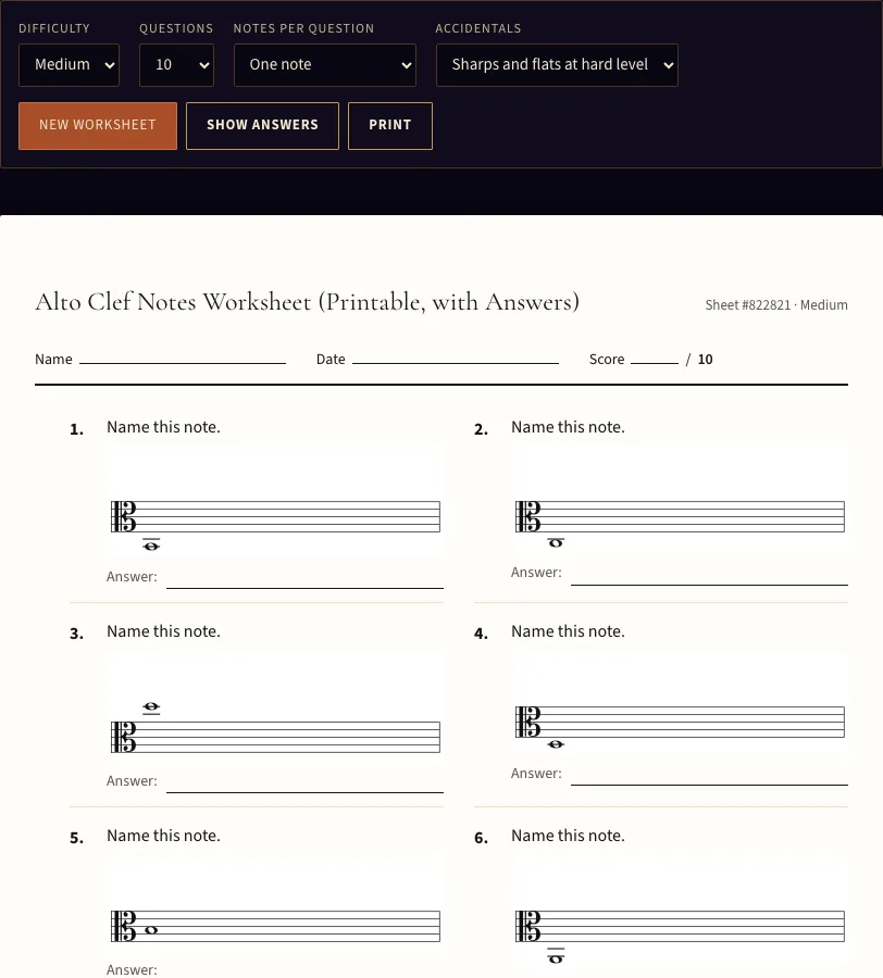 Alto clef worksheet example