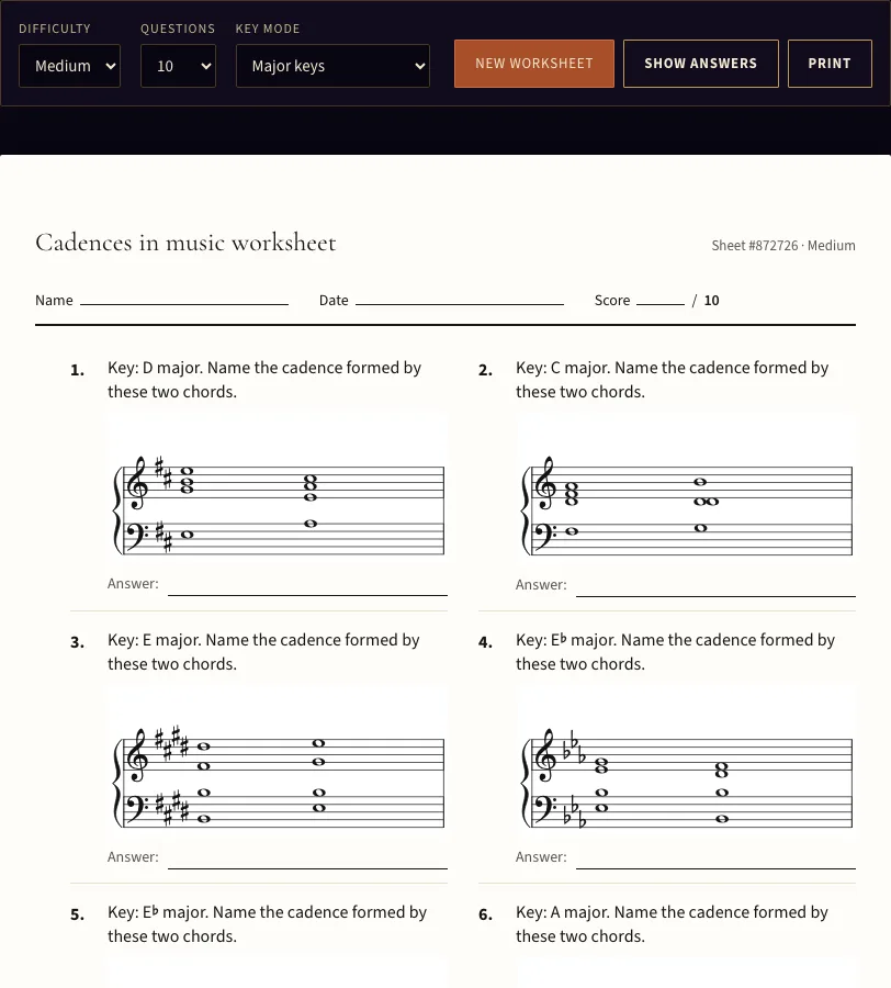 Cadences in music example