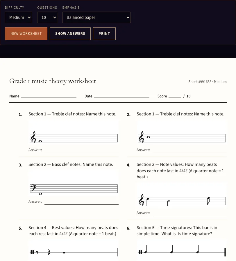 Grade 1 music theory worksheet example