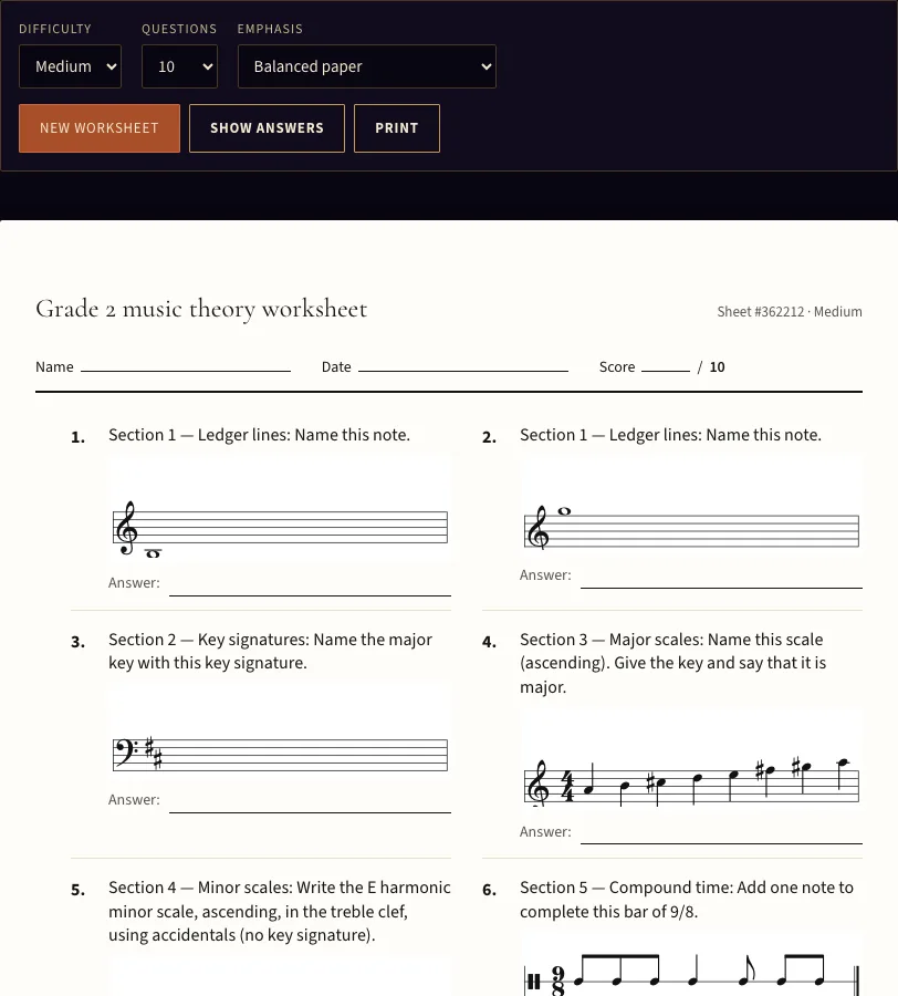Grade 2 music theory worksheet example