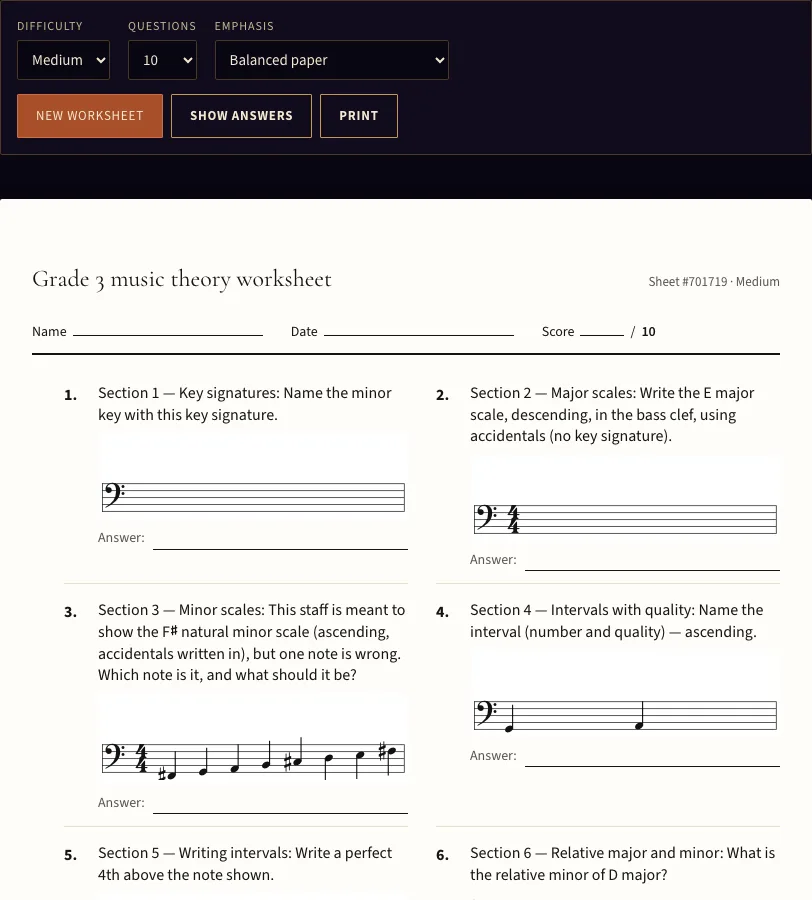 Grade 3 music theory worksheet example