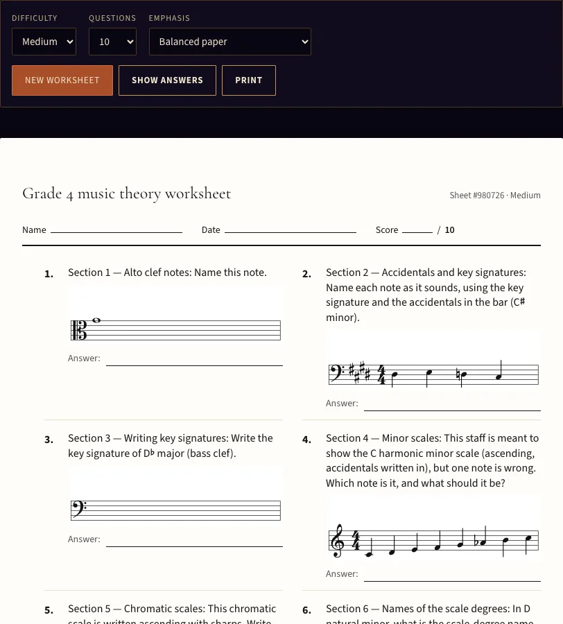 Grade 4 music theory worksheet example