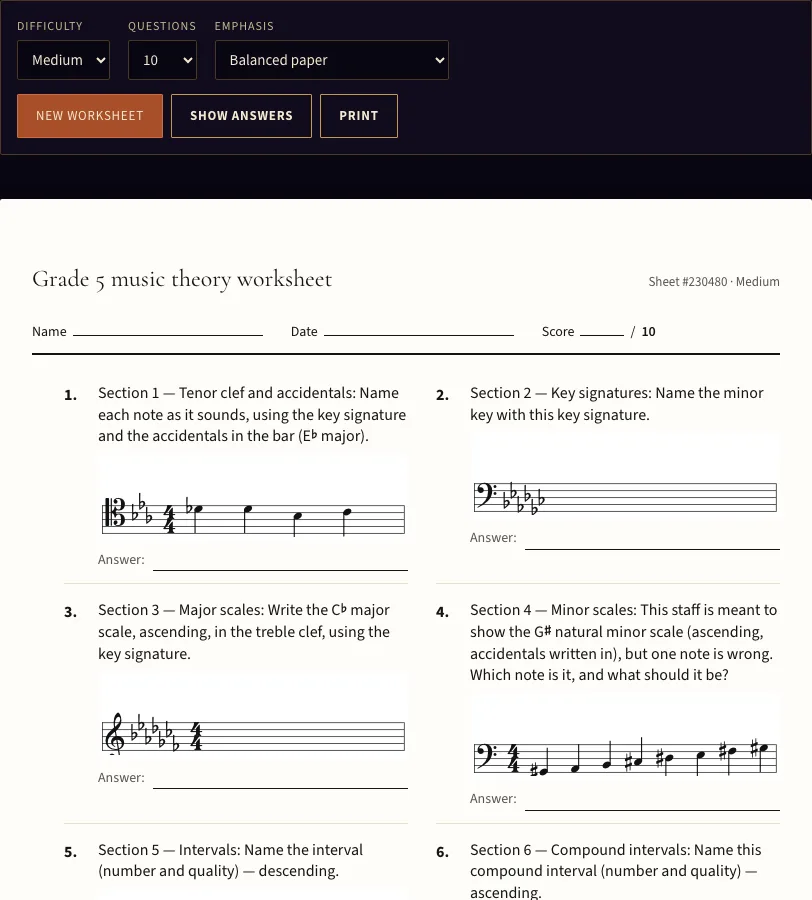 Grade 5 music theory worksheet example