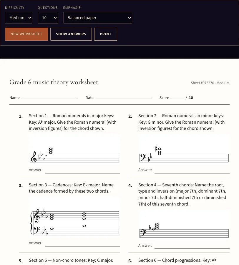 Grade 6 music theory worksheet example