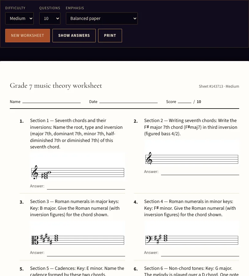 Grade 7 music theory worksheet example