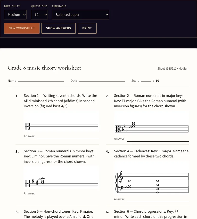Grade 8 music theory worksheet example