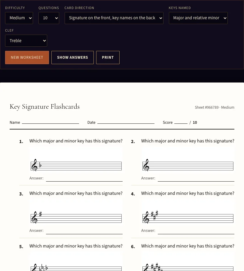 Key signature flashcards example