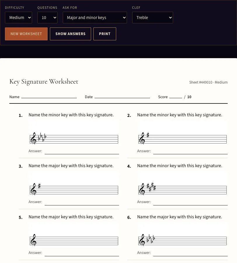Key signature worksheet example