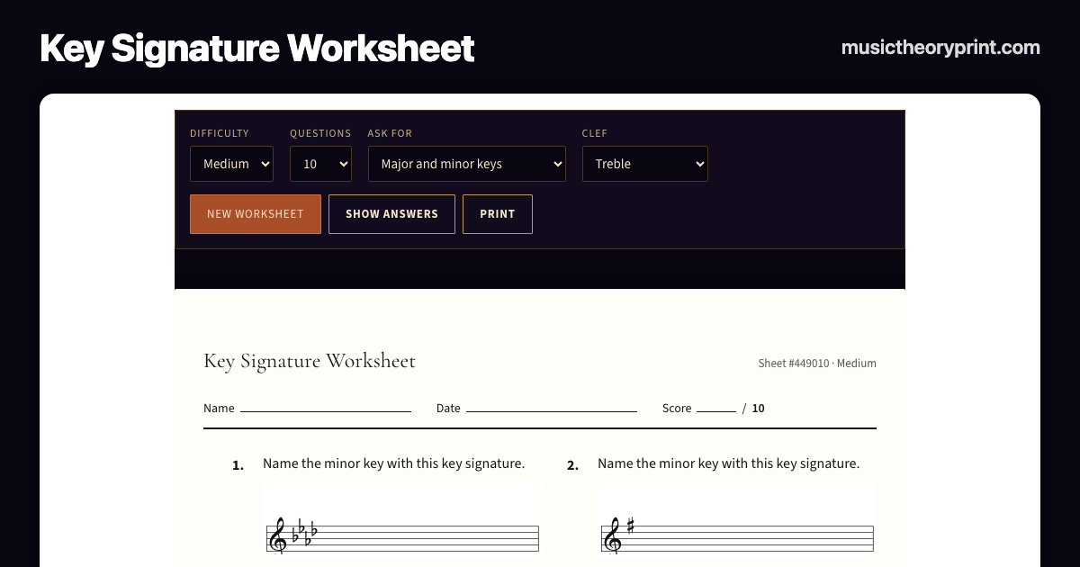 Key Signature Worksheet (Printable, with Answers)