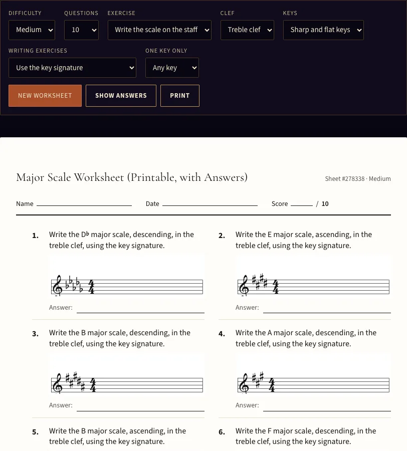 Major scale worksheet example