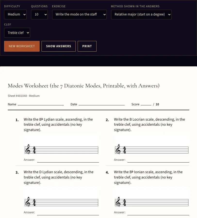 Modes worksheet example