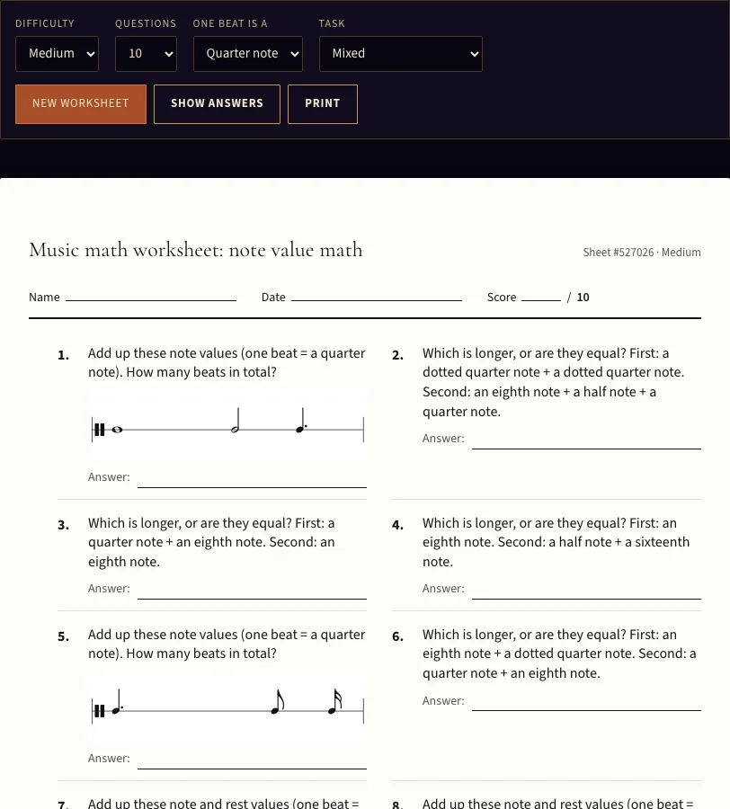 Music math worksheet example