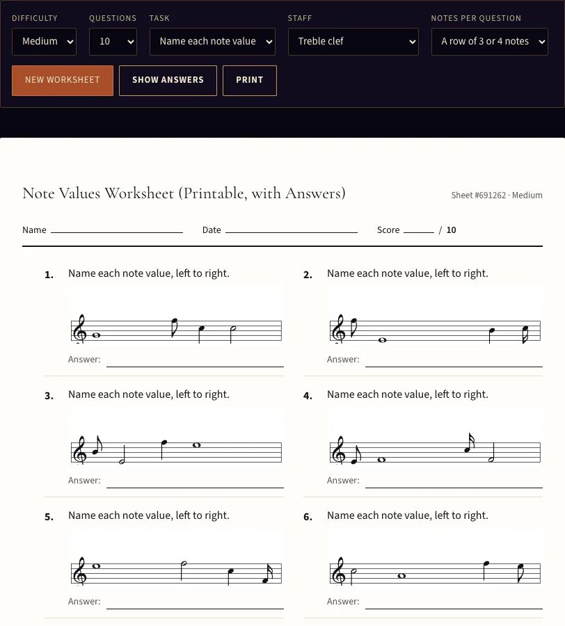 Note values worksheet example