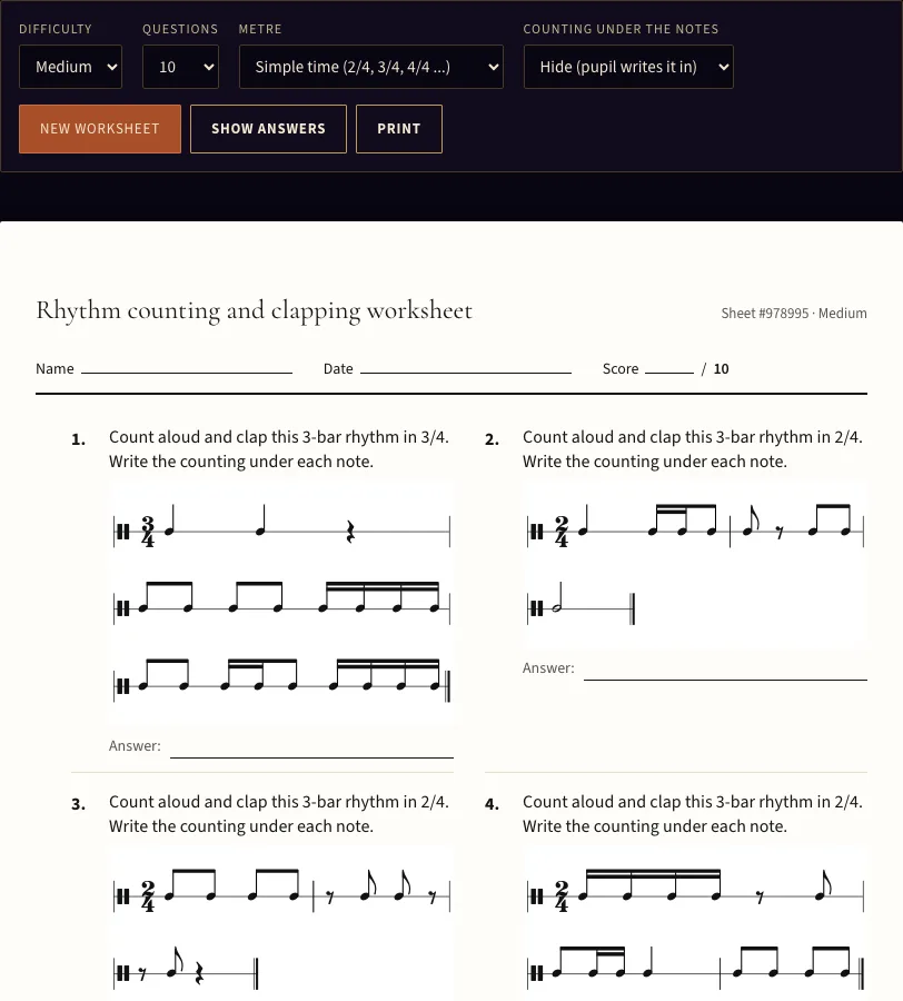 Rhythm counting worksheet example