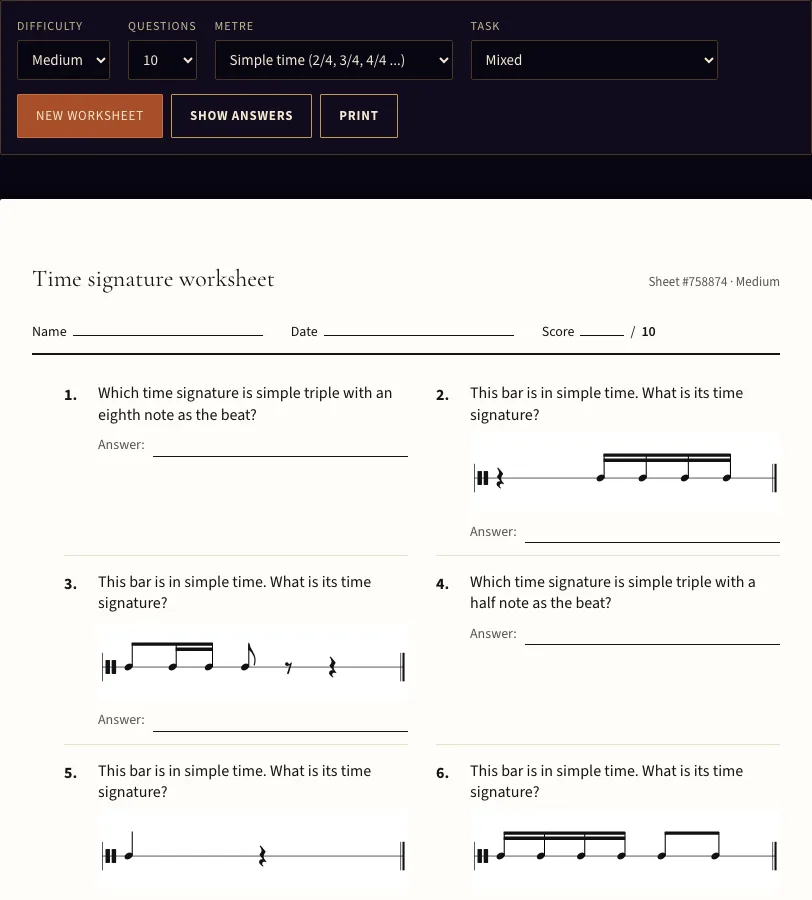 Time signature worksheet example