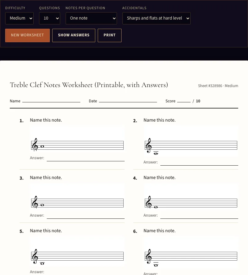 Treble clef notes worksheet example