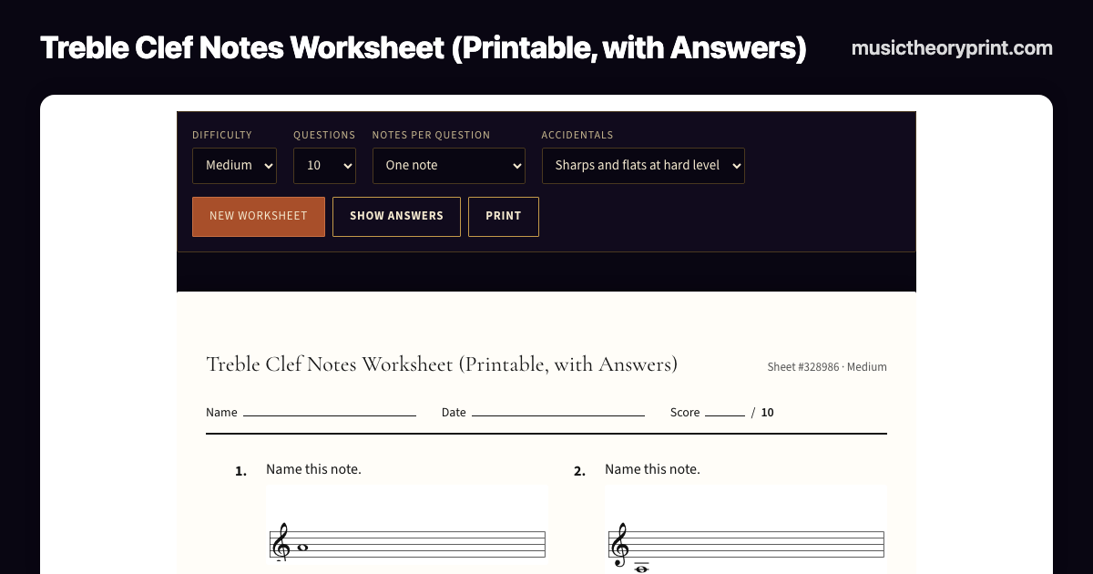 Treble Clef Notes Worksheet (Printable, with Answers)